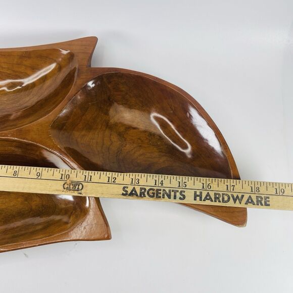 LARGE WOODEN VTG LEAF SHAPE Serving Candy Bowl Tray 3 Sections 18" X 10" MCM - Picture 2 of 14